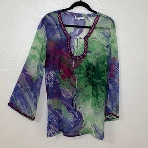 Rhonda Sutton beaded trim watercolor sheer swimsuit cover size medium EUC